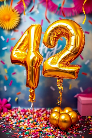 AI Generative Helium birthday balloon shape number fourty two, golden letter figure 42 celebration festive background decorの素材