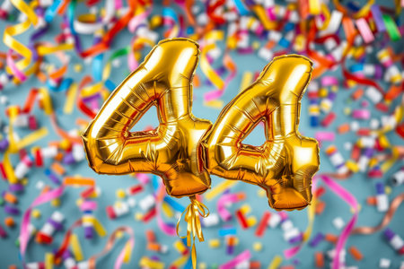 AI Generative Helium birthday balloon shape number fourty four, golden letter figure 44 celebration festive background decorの素材