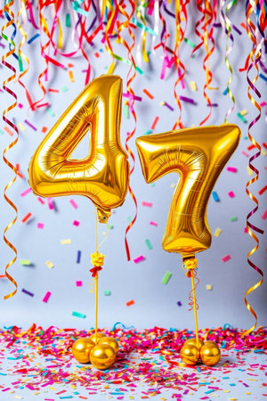 AI Generative Helium birthday balloon shape number fourty seven, golden letter figure 47 celebration festive background decorの素材