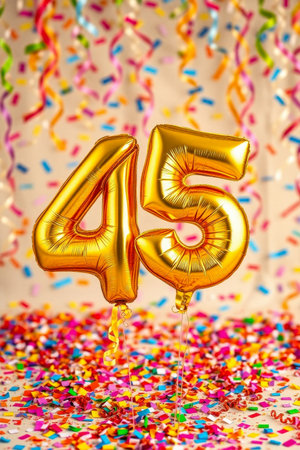 AI Generative Helium birthday balloon shape number fourty five, golden letter figure 45 celebration festive background decorの素材