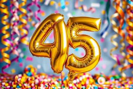 AI Generative Helium birthday balloon shape number fourty five, golden letter figure 45 celebration festive background decorの素材