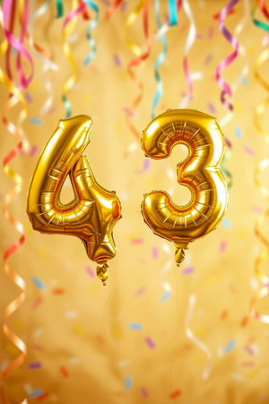 AI Generative Helium birthday balloon shape number fourty three, golden letter figure 43 celebration festive background decorの素材