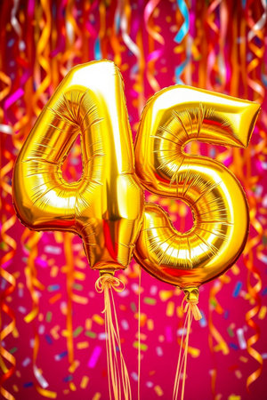 AI Generative Helium birthday balloon shape number fourty five, golden letter figure 45 celebration festive background decorの素材