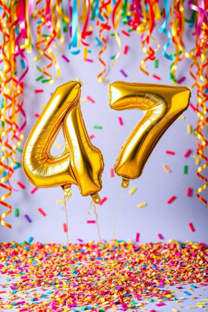 AI Generative Helium birthday balloon shape number fourty seven, golden letter figure 47 celebration festive background decorの素材