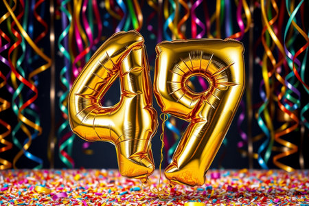 AI Generative Helium birthday balloon shape number fourty nine, golden letter figure 49 celebration festive background decorの素材