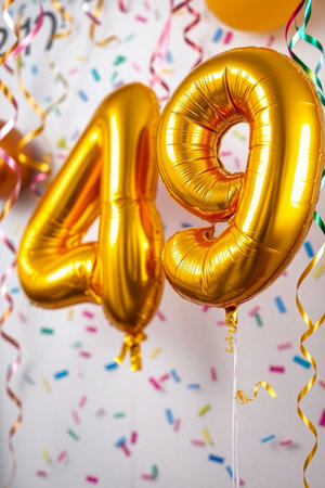 AI Generative Helium birthday balloon shape number fourty nine, golden letter figure 49 celebration festive background decorの素材