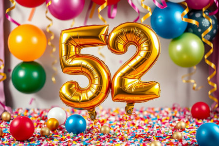 AI Generative Helium birthday balloon shape number fifty two, golden letter figure 52 celebration festive background decorの素材