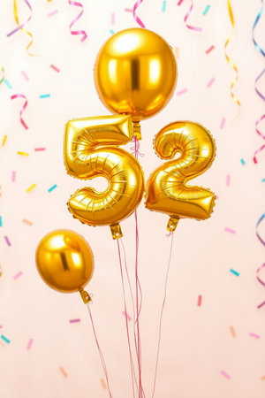 AI Generative Helium birthday balloon shape number fifty two, golden letter figure 52 celebration festive background decorの素材