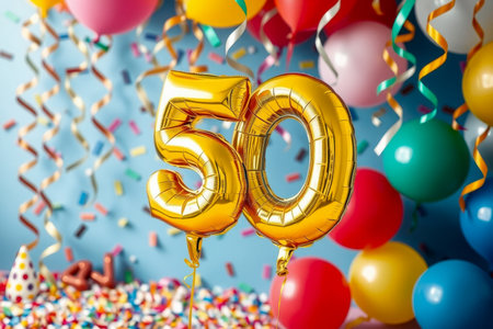 AI Generative Helium birthday balloon shape number fifty, golden letter figure 50 celebration festive background decorの素材