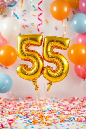 AI Generative Helium birthday balloon shape number fifty five, golden letter figure 55 celebration festive background decorの素材
