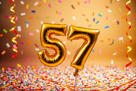 AI Generative Helium birthday balloon shape number fifty seven, golden letter figure 57 celebration festive background decorの素材