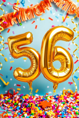 AI Generative Helium birthday balloon shape number fifty six, golden letter figure 56 celebration festive background decorの素材
