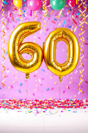 AI Generative Helium birthday balloon shape number sixty, golden letter figure 60 celebration festive background decorの素材