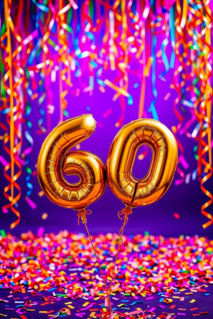 AI Generative Helium birthday balloon shape number sixty, golden letter figure 60 celebration festive background decorの素材
