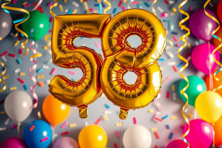AI Generative Helium birthday balloon shape number fifty eight, golden letter figure 58 celebration festive background decorの素材