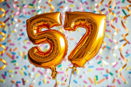 AI Generative Helium birthday balloon shape number fifty seven, golden letter figure 57 celebration festive background decorの素材