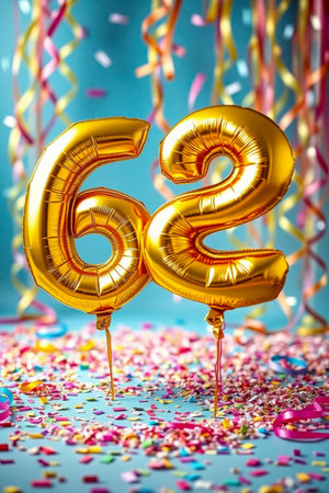 AI Generative Helium birthday balloon shape number sixty two, golden letter figure 62 celebration festive background decorの素材