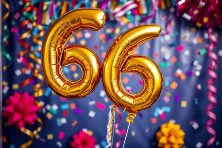 AI Generative Helium birthday balloon shape number sixty six, golden letter figure 66 celebration festive background decorの素材