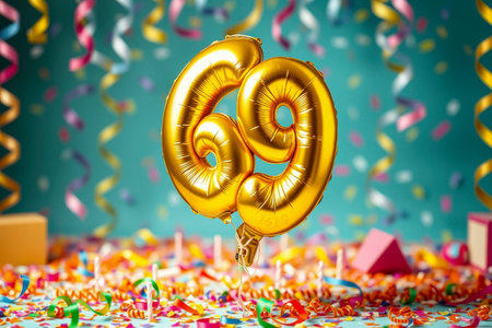 AI Generative Helium birthday balloon shape number sixty nine, golden letter figure 69 celebration festive background decorの素材