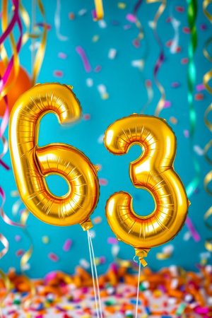 AI Generative Helium birthday balloon shape number sixty three, golden letter figure 63 celebration festive background decorの素材