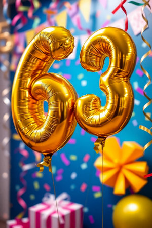 AI Generative Helium birthday balloon shape number sixty three, golden letter figure 63 celebration festive background decorの素材