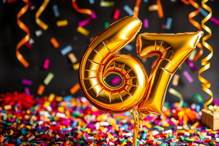 AI Generative Helium birthday balloon shape number sixty seven, golden letter figure 67 celebration festive background decorの素材