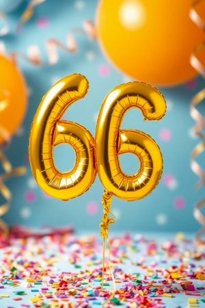 AI Generative Helium birthday balloon shape number sixty six, golden letter figure 66 celebration festive background decorの素材