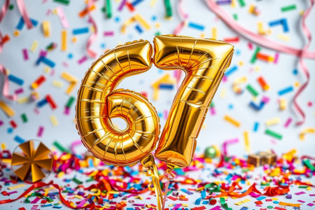 AI Generative Helium birthday balloon shape number sixty seven, golden letter figure 67 celebration festive background decorの素材