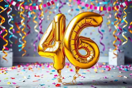 AI Generative Helium birthday balloon shape number fourty six, golden letter figure 46 celebration festive background decorの素材