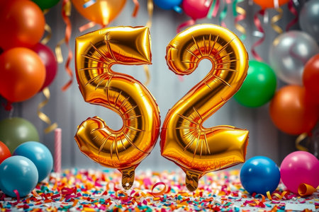 AI Generative Helium birthday balloon shape number fifty two, golden letter figure 52 celebration festive background decorの素材