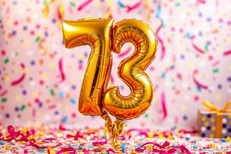 AI Generative Helium birthday balloon shape number seventy three, golden letter figure 73 celebration festive background decorの素材