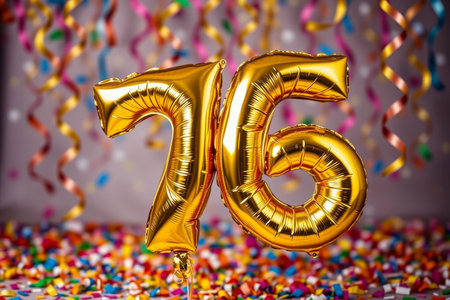 AI Generative Helium birthday balloon shape number seventy six, golden letter figure 76 celebration festive background decorの素材