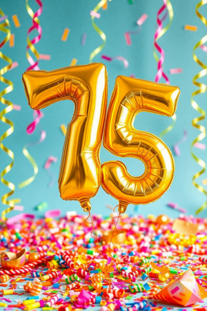 AI Generative Helium birthday balloon shape number seventy five, golden letter figure 75 celebration festive background decorの素材