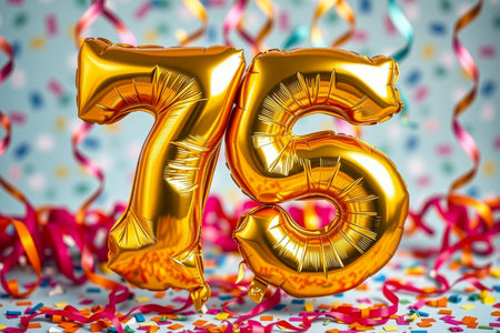 AI Generative Helium birthday balloon shape number seventy five, golden letter figure 75 celebration festive background decorの素材