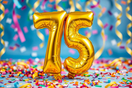 AI Generative Helium birthday balloon shape number seventy five, golden letter figure 75 celebration festive background decorの素材
