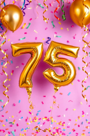 AI Generative Helium birthday balloon shape number seventy five, golden letter figure 75 celebration festive background decorの素材