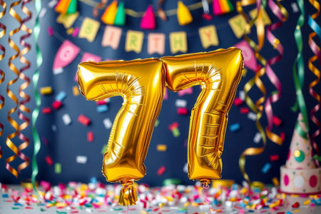 AI Generative Helium birthday balloon shape number seventy seven, golden letter figure 77 celebration festive background decorの素材
