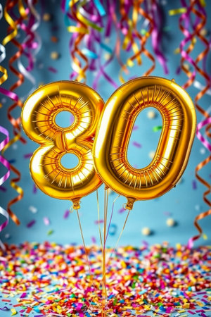 AI Generative Helium birthday balloon shape number eighty, golden letter figure 80 celebration festive background decorの素材