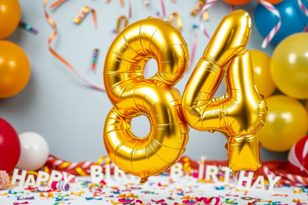 AI Generative Helium birthday balloon shape number eighty four, golden letter figure 84 celebration festive background decorの素材