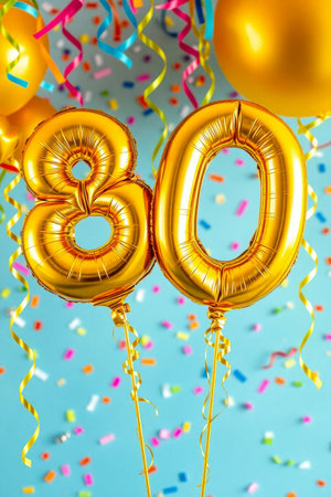 AI Generative Helium birthday balloon shape number eighty, golden letter figure 80 celebration festive background decorの素材