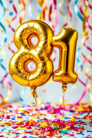 AI Generative Helium birthday balloon shape number eighty one, golden letter figure 81 celebration festive background decorの素材