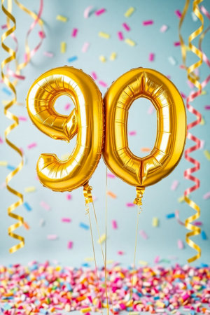 AI Generative Helium birthday balloon shape number ninety, golden letter figure 90 celebration festive background decorの素材