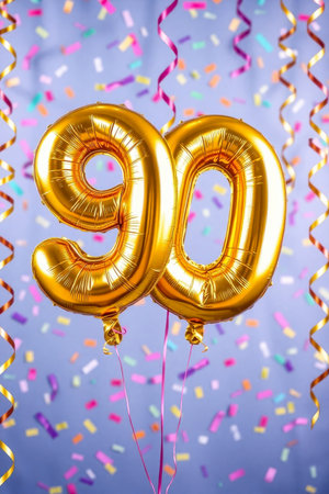 AI Generative Helium birthday balloon shape number ninety, golden letter figure 90 celebration festive background decorの素材