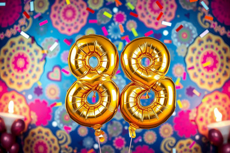 AI Generative Helium birthday balloon shape number eighty eight, golden letter figure 88 celebration festive background decorの素材