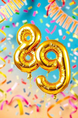 AI Generative Helium birthday balloon shape number eighty nine, golden letter figure 89 celebration festive background decorの素材