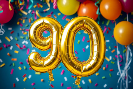 AI Generative Helium birthday balloon shape number ninety, golden letter figure 90 celebration festive background decorの素材