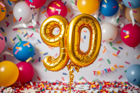 AI Generative Helium birthday balloon shape number ninety, golden letter figure 90 celebration festive background decorの素材