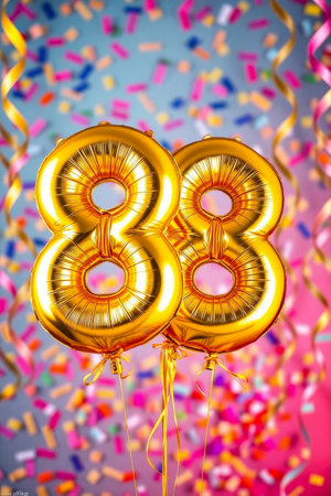 AI Generative Helium birthday balloon shape number eighty eight, golden letter figure 88 celebration festive background decorの素材