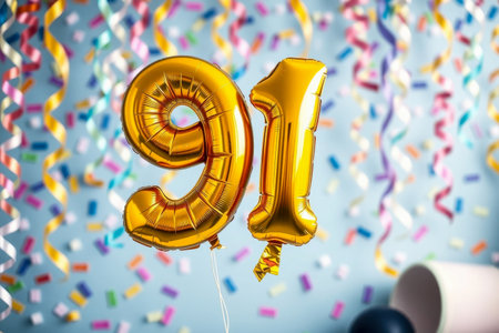 AI Generative Helium birthday balloon shape number ninety one, golden letter figure 91 celebration festive background decorの素材