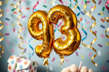 AI Generative Helium birthday balloon shape number ninety three, golden letter figure 93 celebration festive background decorの素材